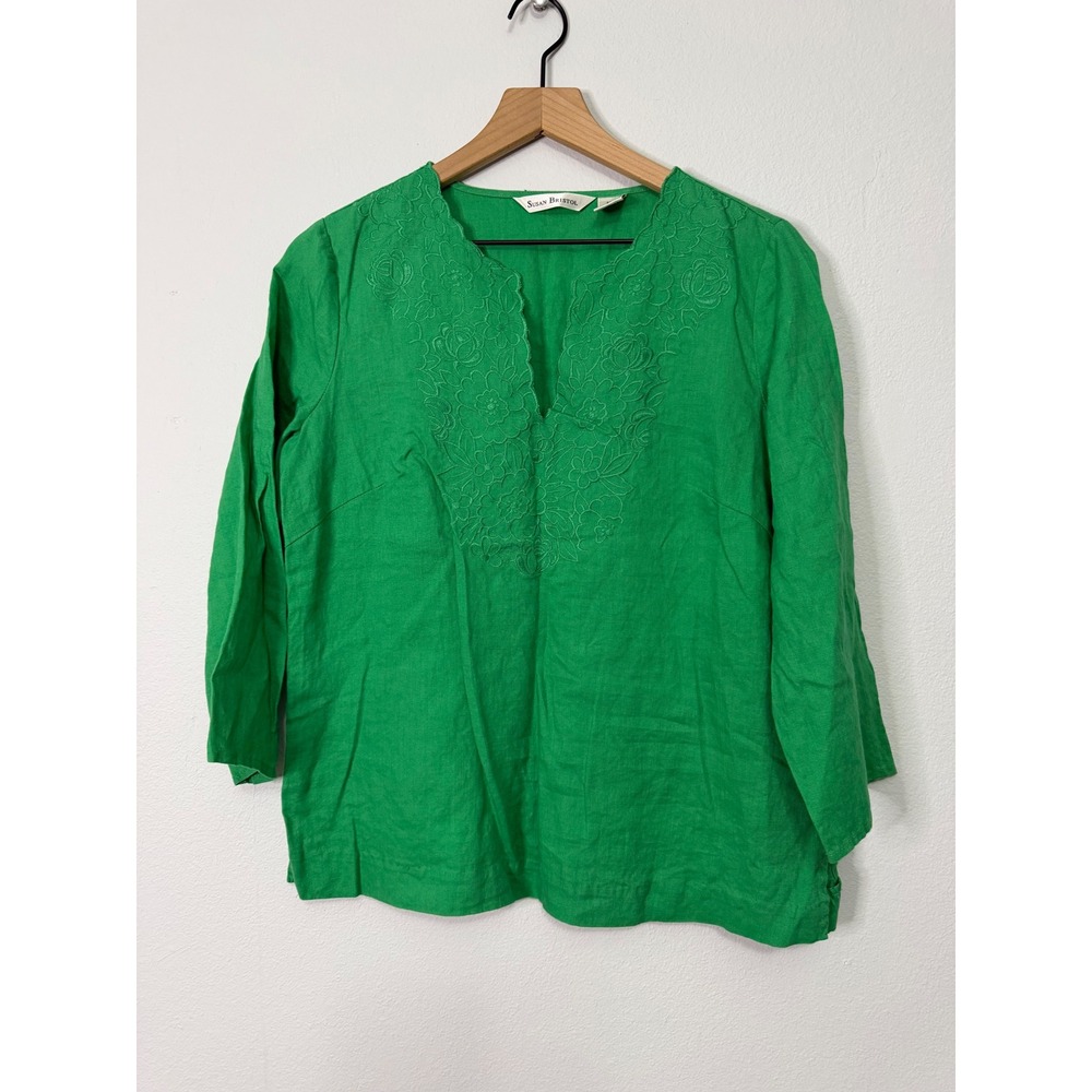 Vintage Susan‎ Bristol - 100% Linen Kelly Green Embroidered Blouse Size Large